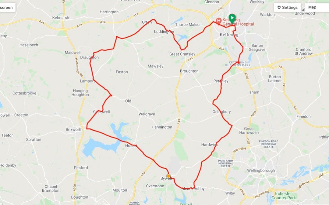 30.4 mile clockwise loop south then north west. Kettering – Mears Ashby – Lamport – Kettering