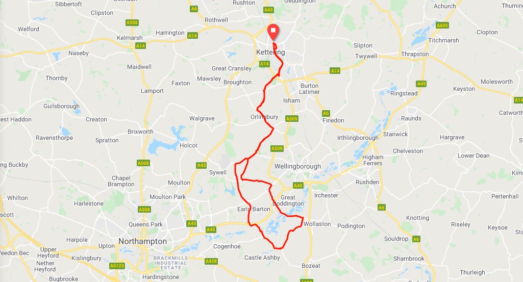 33 mile south with a clockwise loop from Sywell to Grendon to Sywell